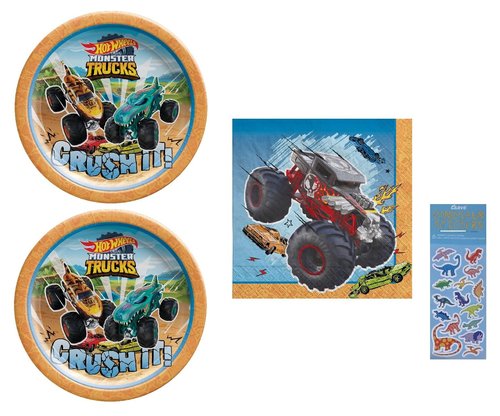 Monster Trucks Birthday Party Supplies Bundle includes 16 Dessert Cake Paper Plates, 16 Paper Napkins, 1 Dinosaur Sticker Sheet