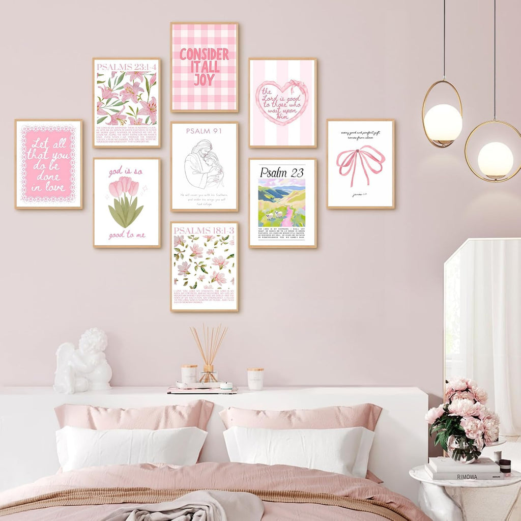 Skiennix 9-Piece Pink Christian Wall Art Set - Trendy Bible Verse Prints for Girls' Rooms | 8x10 Inch Decor