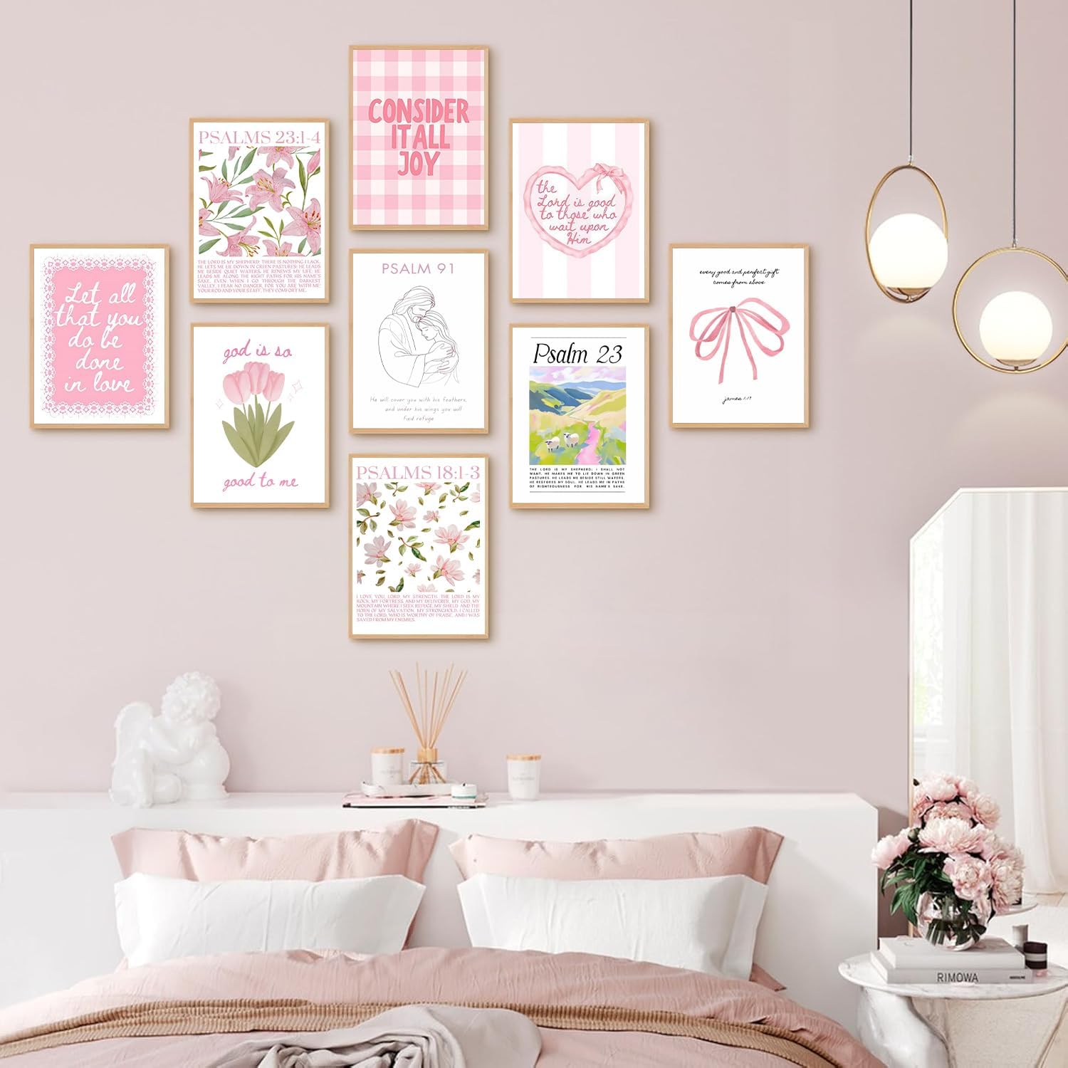 Skiennix 9-Piece Pink Christian Wall Art Set - Trendy Bible Verse Prints for Girls' Rooms | 8x10 Inch Decor