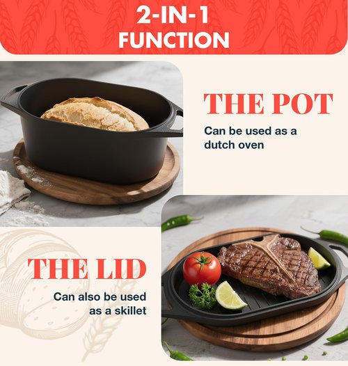 Dutch Oven for Bread Baking, 3.4QT Cast Iron Bread Pan Loaf Pans with Lid, Pre-Seasoned Oval Bread Oven, Bread Pan for Homemade Sourdough Bread Baking & Versatile Cooking, Black
