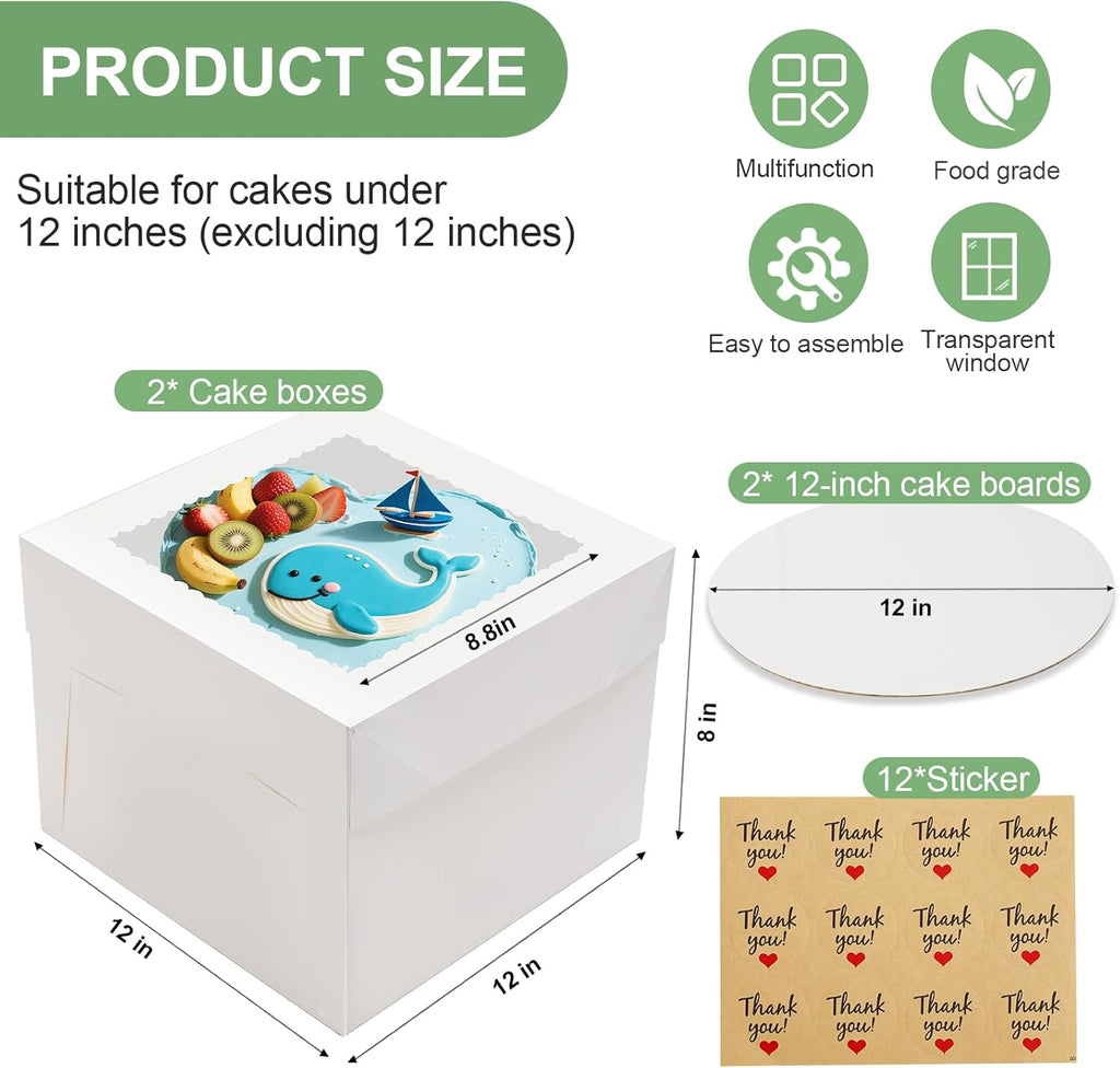 Skiennix Cake Boxes - 12x12x8 Inches Tall White Bakery Boxes with Large Window | 2 Pack, Disposable Transport Containers for Cakes, Cookies, Pies, Weddings, Birthdays