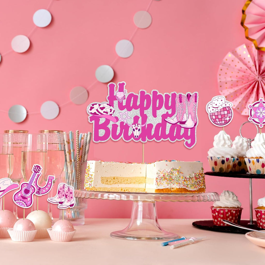 Skiennix Disco Cowgirl Cake Topper - Hot Pink Western Birthday Decoration for Women | Retro Rodeo Theme