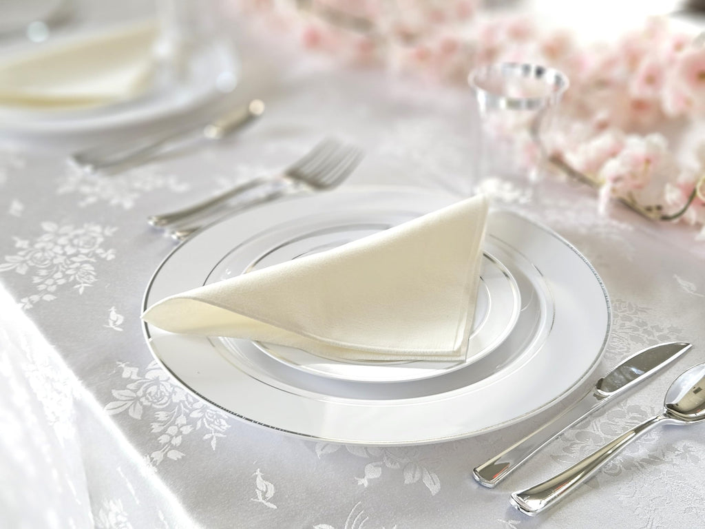 OCCASIONS 50pc Disposable Plastic Plates for 25 Guests - Heavy Duty Hard Fancy Plates Set, China-Like Look - 10.5" Dinner & 7.5" Salad/Dessert for Wedding Party, BPA Free (White & Silver Rim)