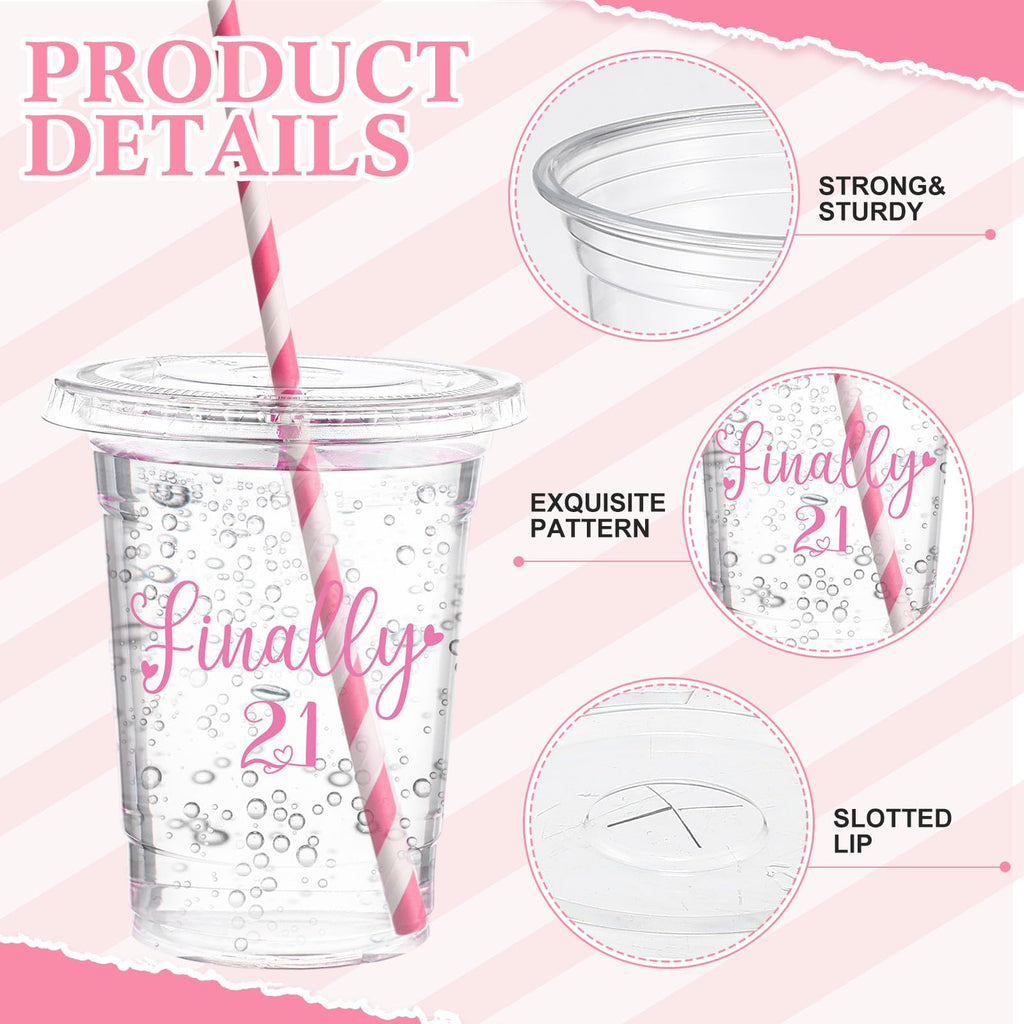 Funnymoom 50 Sets 21st Birthday Cups for Women 16 oz Plastic Cups with Lids and Straws Clear Happy Birthday Disposable Drinking glasses Bulk for Finally 21 Anniversary Party Supplies