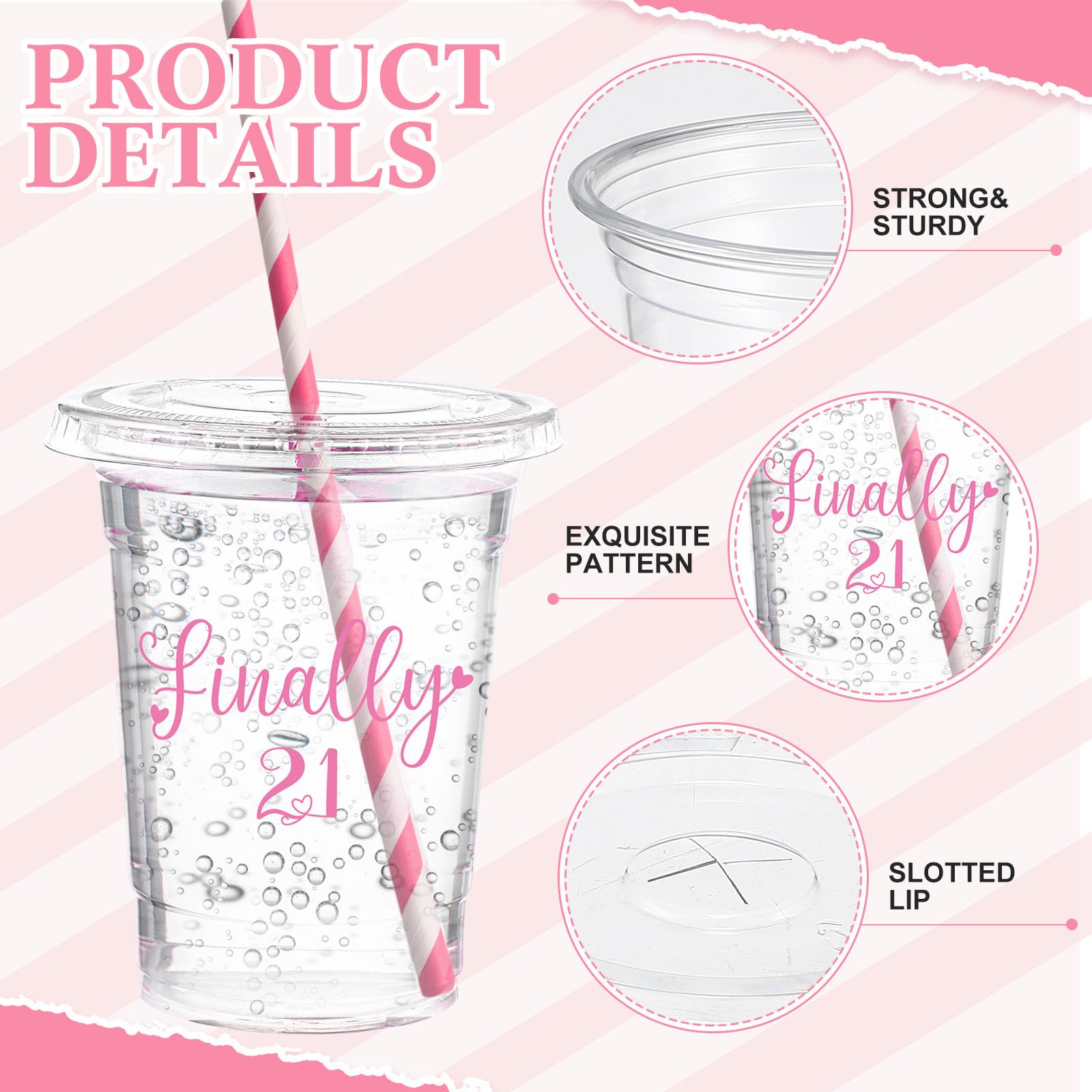 Funnymoom 50 Sets 21st Birthday Cups for Women 16 oz Plastic Cups with Lids and Straws Clear Happy Birthday Disposable Drinking glasses Bulk for Finally 21 Anniversary Party Supplies