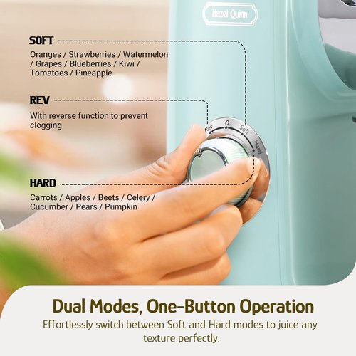 Hazel Quinn Masticating Juicer - Cold Press Slow Juicer for Fruits and Vegetables, BPA-Free Juice Extractor, Easy to Clean, 2-Speed Control, Reverse Function, Quiet Operation, Dishwasher Safe