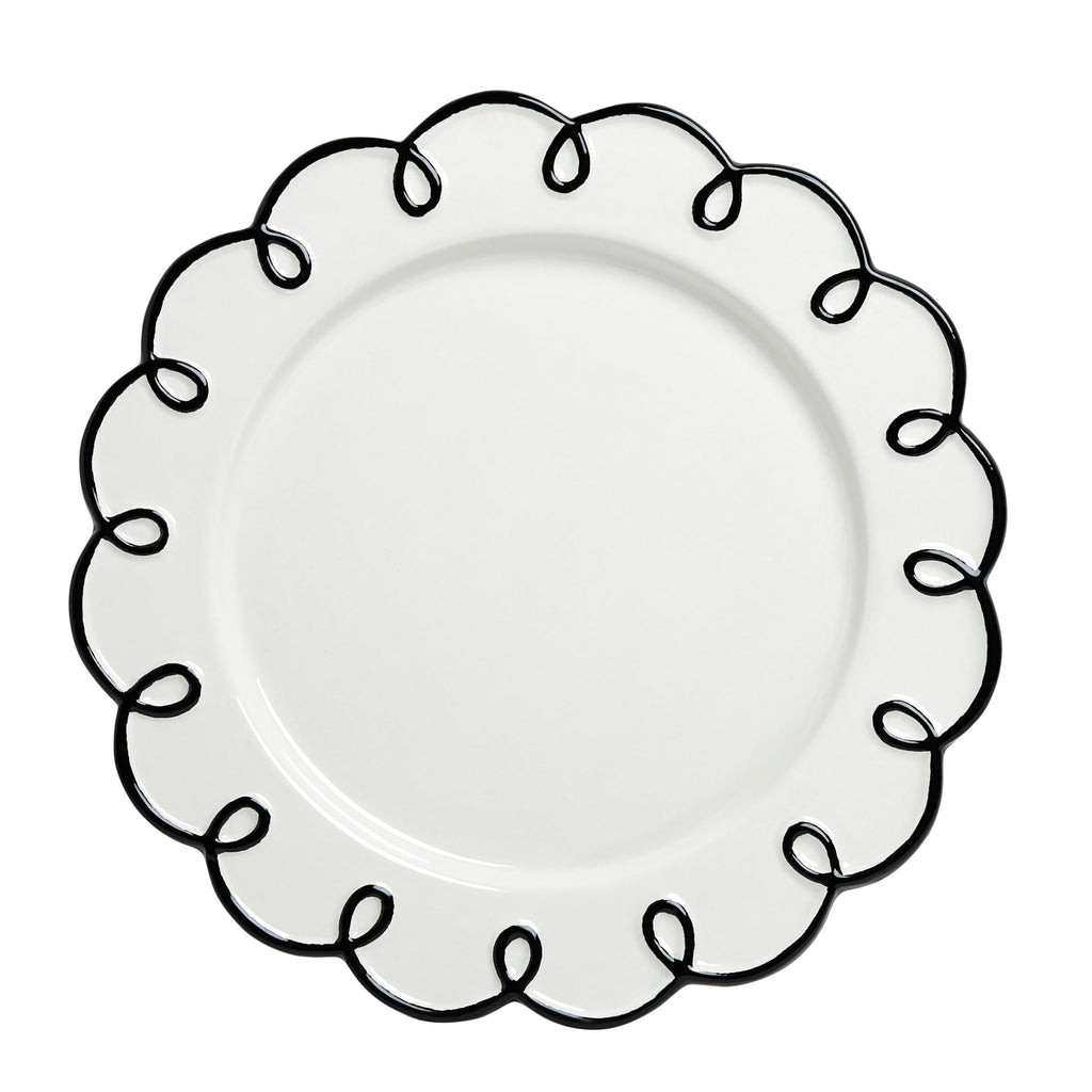 Sango 12-Piece Earthenware Dinnerware Set for 4, Glossy White Plates and Bowls Sets with Black Scalloped Rims, Premium Dish Set, Dishes for Hosting Parties, Birthday & Wedding Gifts, Splash of Cheers