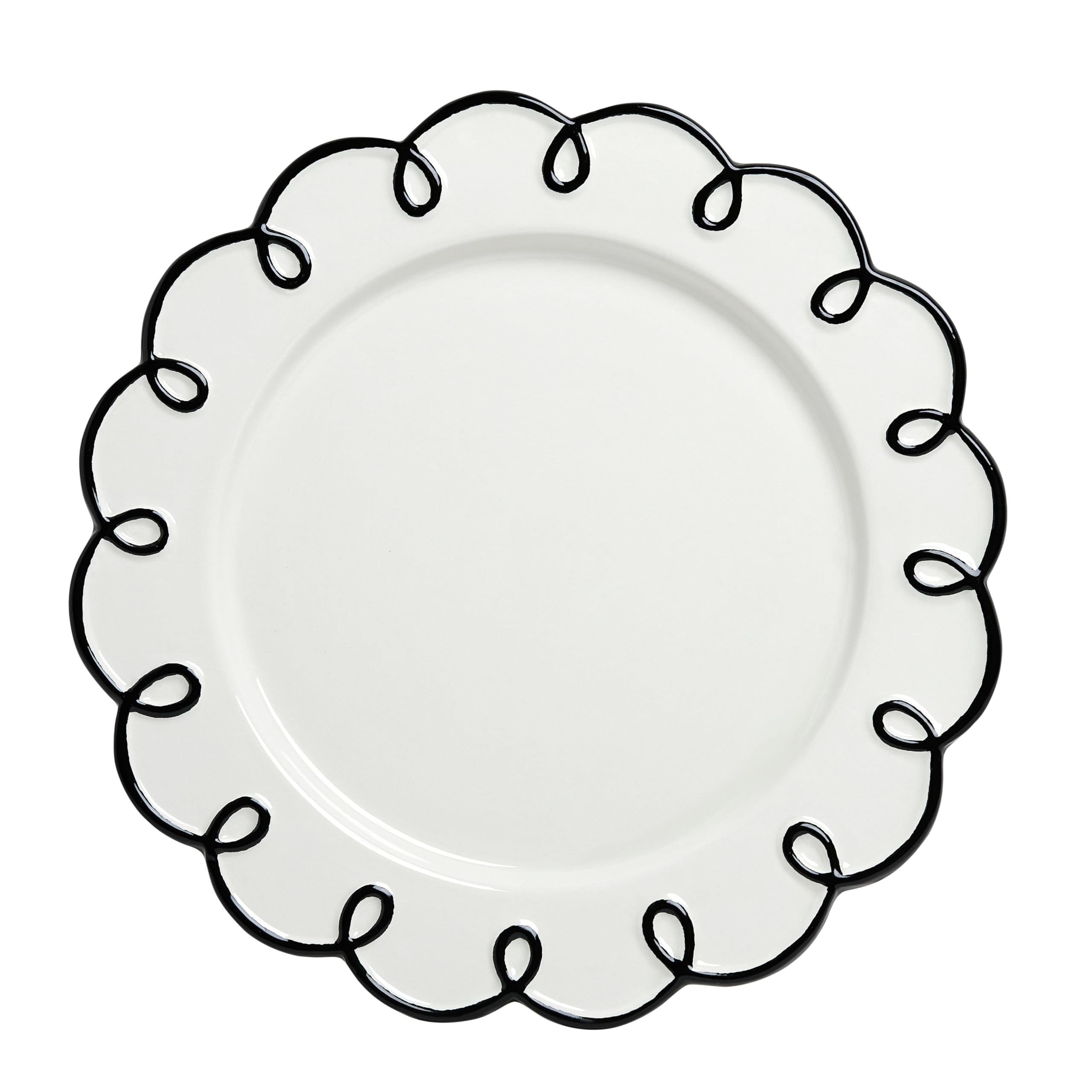 Sango 12-Piece Earthenware Dinnerware Set for 4, Glossy White Plates and Bowls Sets with Black Scalloped Rims, Premium Dish Set, Dishes for Hosting Parties, Birthday & Wedding Gifts, Splash of Cheers