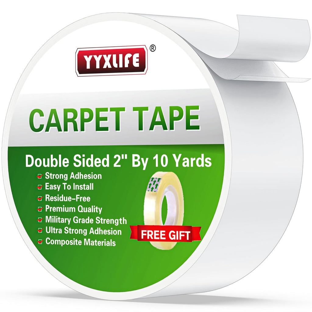 YYXLIFE Double-Sided Rug Tape | Strong Adhesive for Hardwood Floors - Non-Slip, Residue-Free, 2" x 10 Yards, White