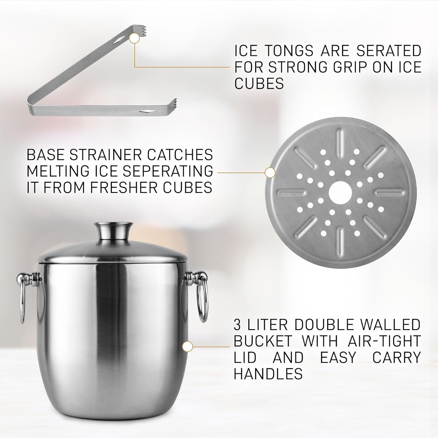 Zulay Kitchen Premium Stainless Steel Double-Wall Insulated Ice Bucket Kit – 3L, Leak-Proof, Stylish Drink Cooler for Parties, Cocktails, Wine, and Whiskey – Perfect for Home & Bar Use