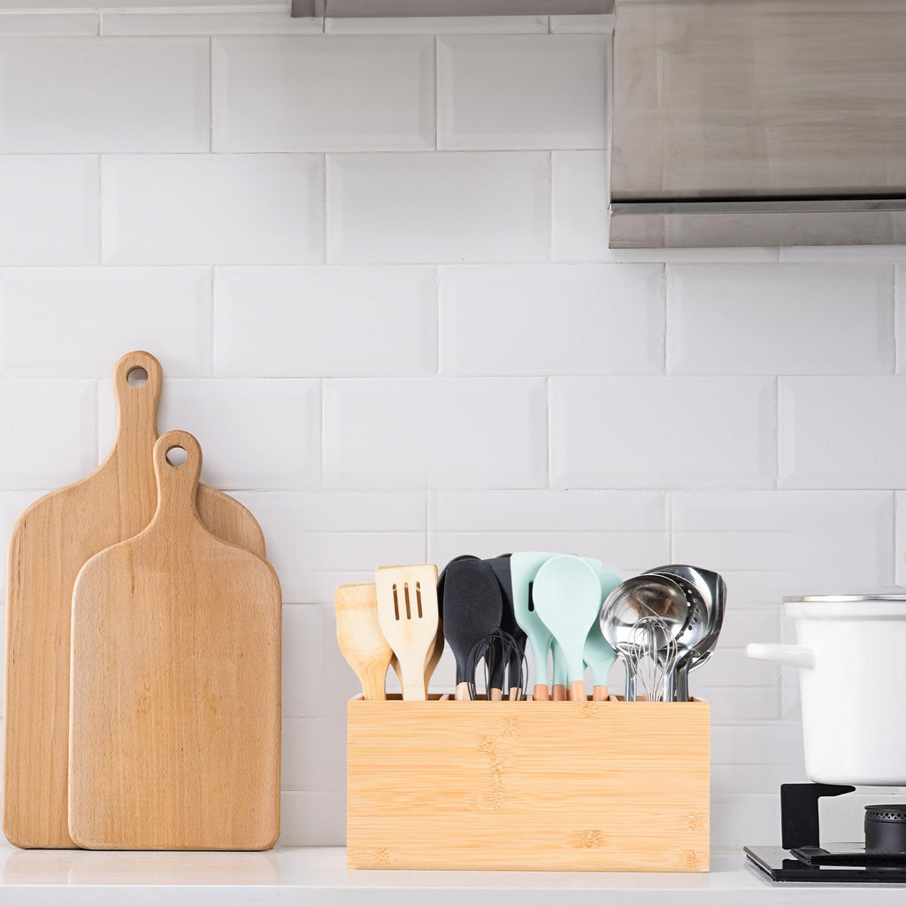 HUCINIUN Extra Large Bamboo Utensil Holder with 4 Compartments, Large Wooden Utensil Holder for Kitchen Counter