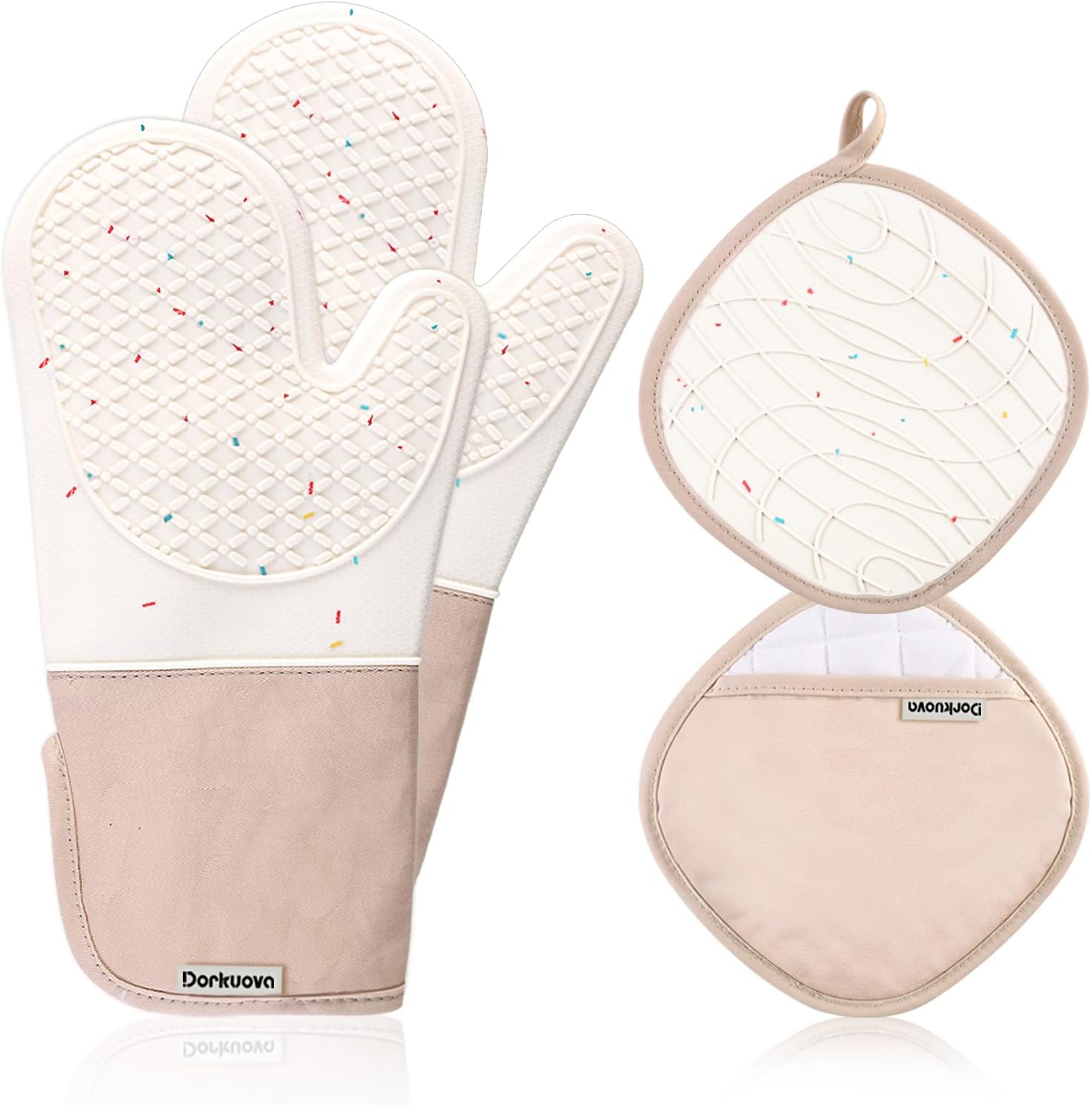 Skiennix Oven Mitts - Cute & Heat Resistant Up to 500°F - Washable Silicone Cooking Gloves (Cream)
