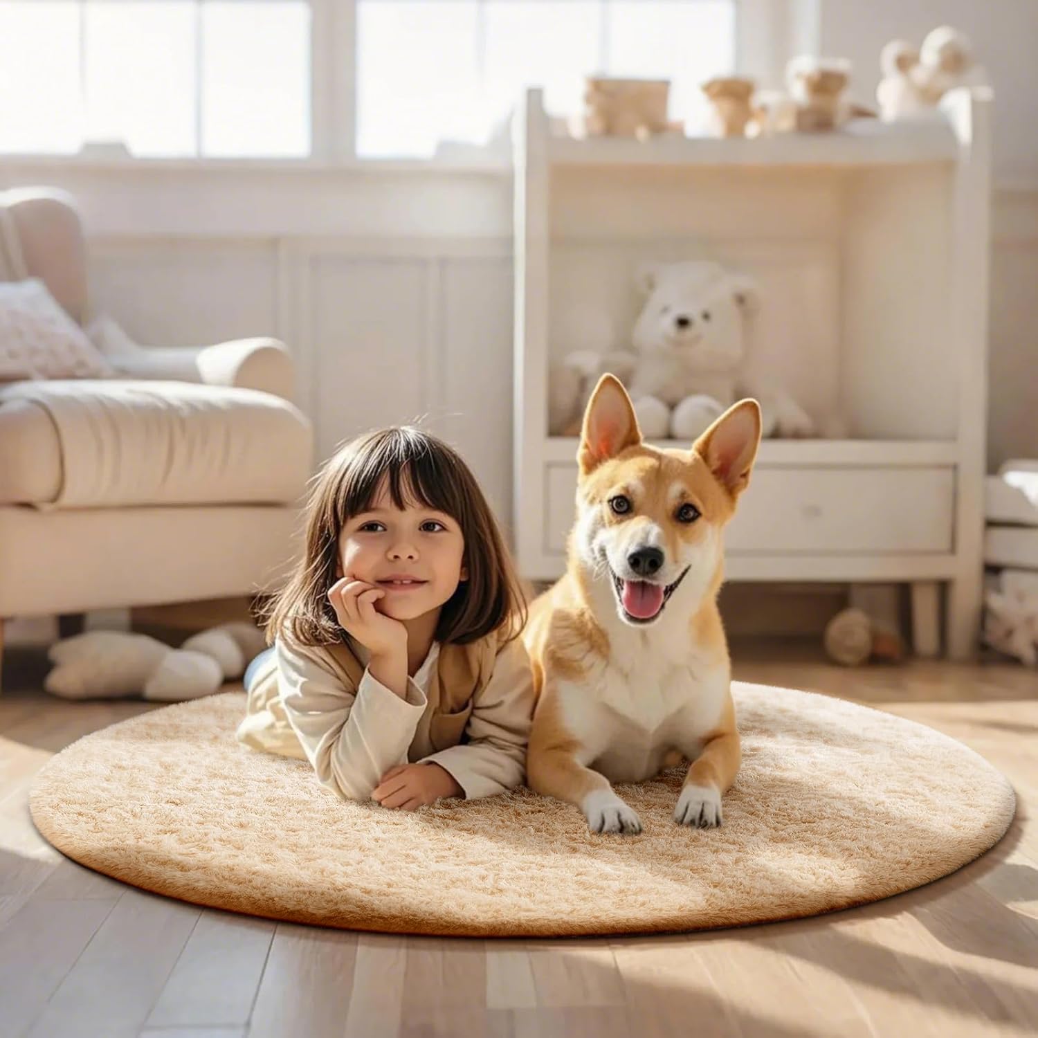 Ophanie Round Rug - 4Ft Beige Circle Area Rug | Plush Soft Shaggy Carpet for Kids' Rooms & Nurseries