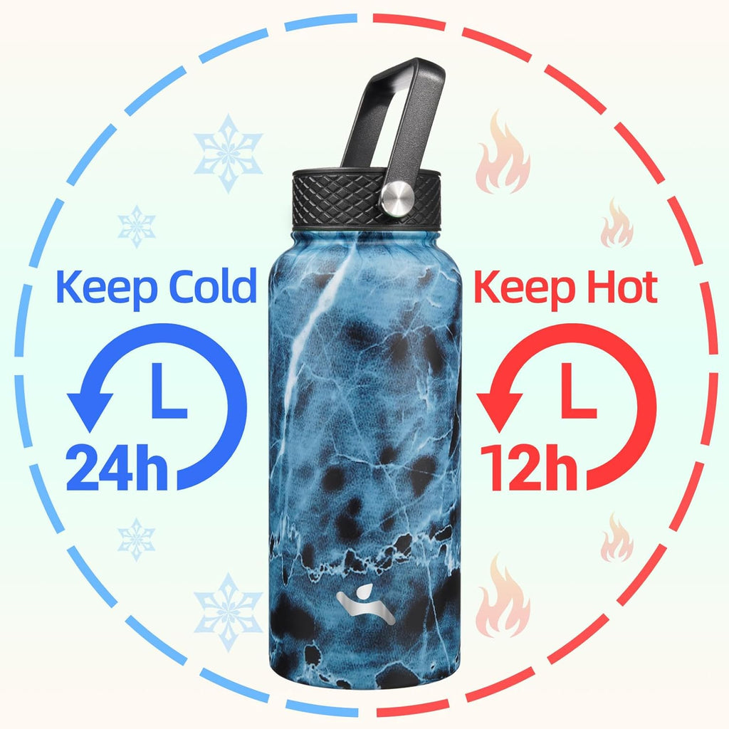 Skiennix 32 oz Insulated Stainless Steel Water Bottle - Marble Ocean Finish with 3 Lids