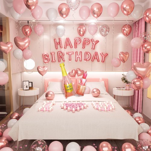 Rose Gold Happy Birthday Decorations for Women Pink and Rose Gold Biirthday Balloons Letters Banner with Heart-Shaped Champagne Bottle Lipstick Balloons Rose Petals for Room Birthday Party Decor