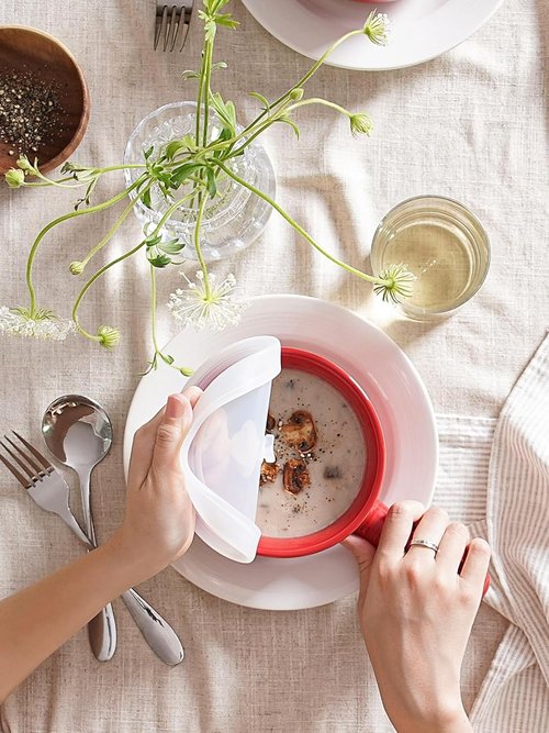 LE TAUCI Soup Bowls - Non-Toxic Ceramic with Silicone Lids & Handles | 15 Oz Set of 2 in Red