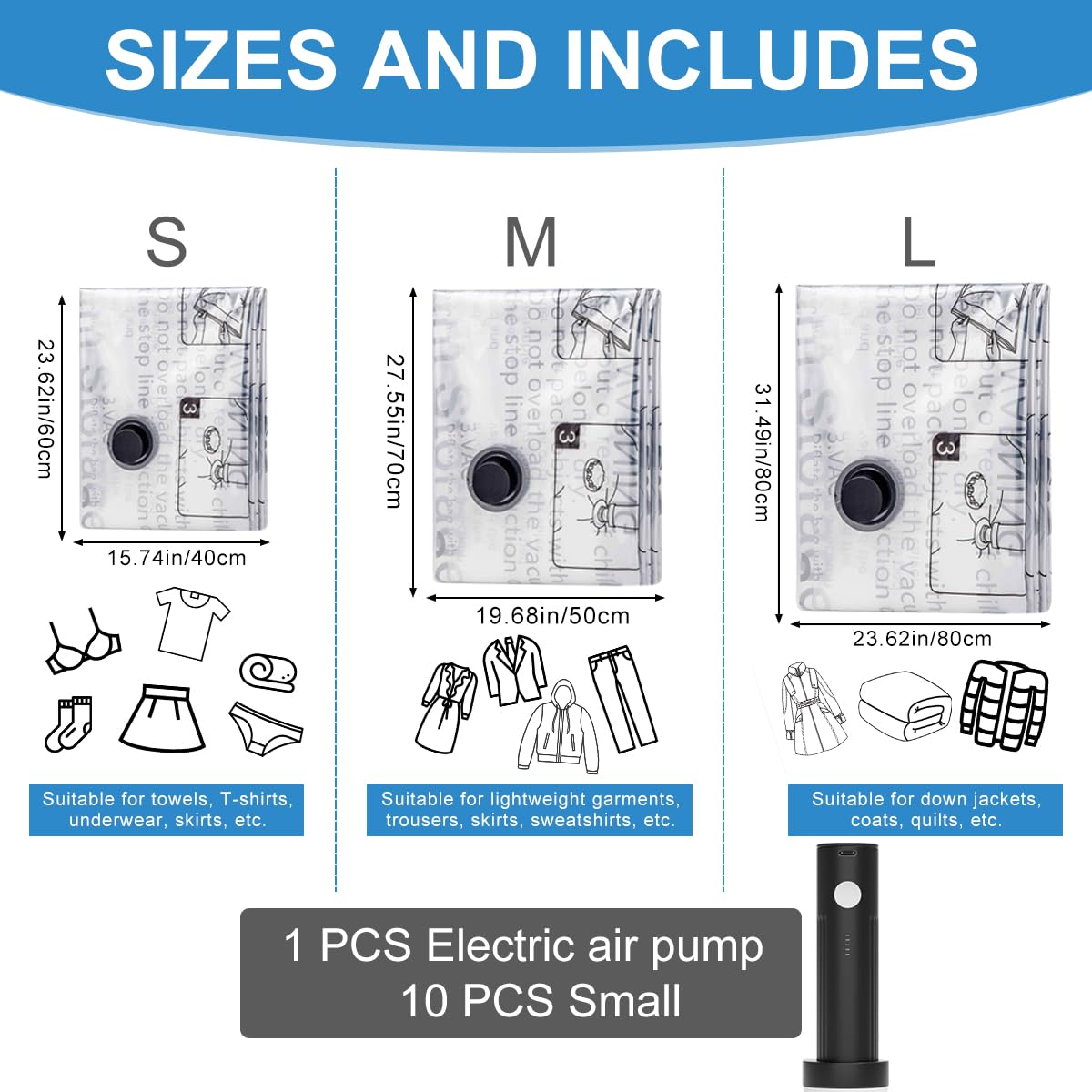 Space Saver Vacuum Storage Bag With Pump for Clothing,Vacuum Seal Bag Vacuum Packing Bags for Travel Luggage, Blankets, Bedding and Home Storage (13 Combo-5S+4M+4L)
