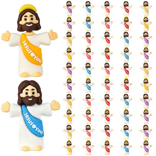 KYUKUDZ 50Pcs Mini Jesus Figures,Little Jesus Figurines in Bulk,Multicolor Tiny Jesus Figures,Miniature Figurines to Hide and Seek Religious Gifts for Baptism Sunday Easter Egg Stuffers