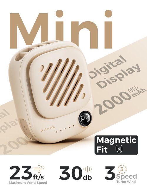 Aecooly Mini Portable Neck Fan, Mighty Hands Free Fan, Magnetic Fit Click 01 USB Rechargeable [10H Max Cooling Time], Personal Battery Powered, Pocket for Travel, Summer, Gifts for Women -Beige