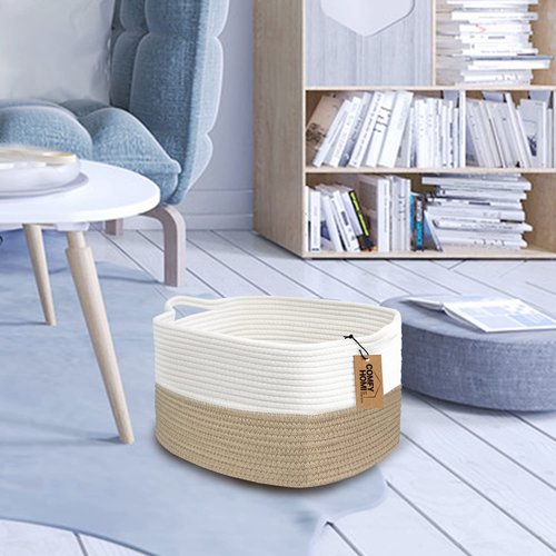 Comfy-Homi Cotton Rope Woven Storage Basket - Decorative Organizer with Handles | 13.5"x11"x9.5" - Light Brown