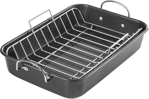 KITESSENSU Nonstick Roasting Pan - Heavy Duty Turkey Roaster with Rack, 15 x 11 Inch, Gray