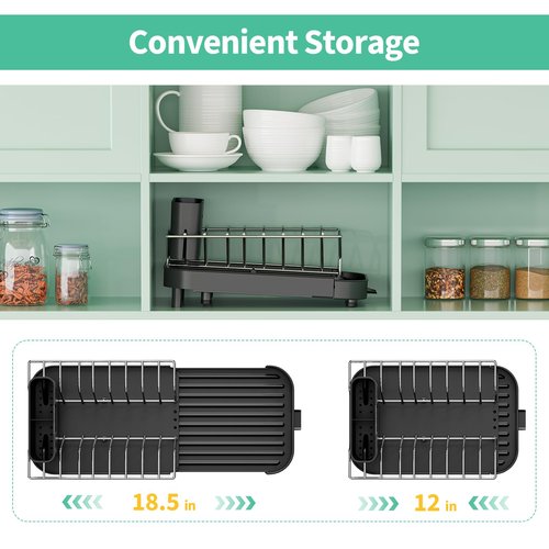 Small Dish Drying Rack - Expandable Compact Dish Drainer (12"-18.5") , Narrow Dish Rack for Kitchen Counter with Cutlery Holder, Space Saving Plate Rack, Dishes Holder Tray for Sink Countertop, Black