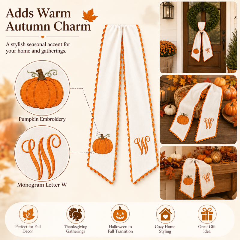 Pumpkin Embroidered Wreath Sash - Fall Orange Scalloped Ribbon for Halloween & Thanksgiving - Variation W