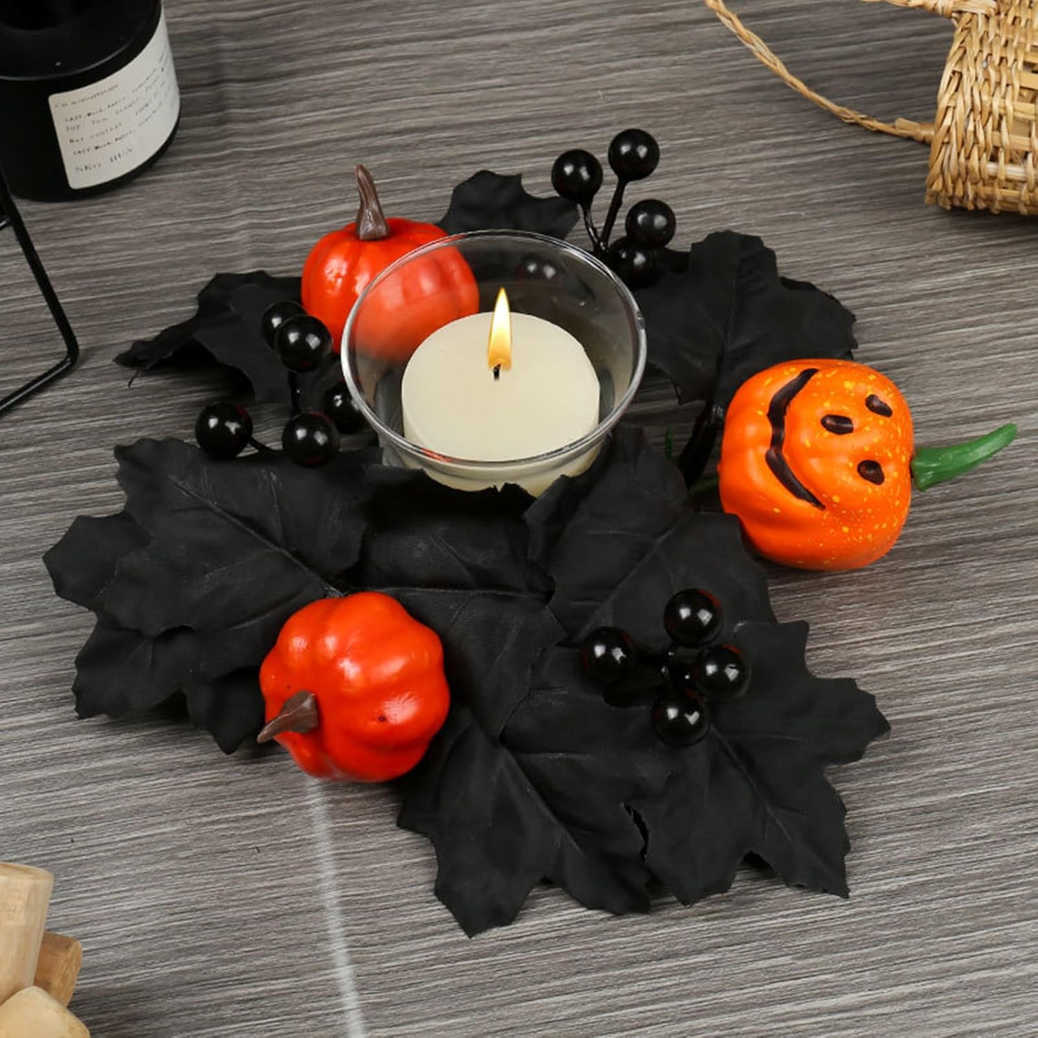 Skiennix Halloween Candle Rings - Black Artificial Maple Leaf & Pumpkin Holders | 2-Piece Set for Festive Decor