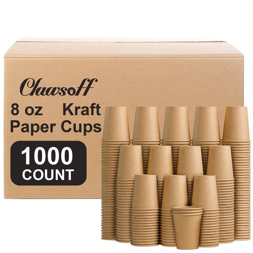 Clawsoff 1000 Pack 8 oz Paper Cups, Brown Kraft Disposable Paper Coffee Cups, Unbleached Paper Cups for Hot/Cold Beverage Party, Picnic, Travel, and Events.