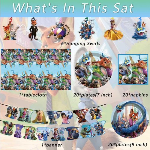 68PCS Zootopia2 Party Tableware Set, Including 6 Hanging Swirls, 1 Tablecloth (71''x42''), 20 7-inch Plates, 20 9-inch Plates, 20 Napkins, 1 Banner Zootopia Themed Birthday Party Decoration Supplies