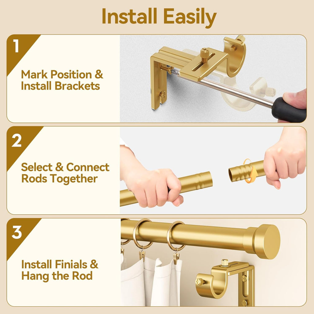 YaFex Curtain Rods - Heavy Duty 1 Inch Adjustable Window Treatment Rods | 32-58 Inch, Modern Gold Design