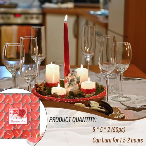 Heart Shaped Tealight Candles 50 Packs,25 * 2 Layers Romantic Love Unscented mokeless for Dinner Home Wedding (Red)