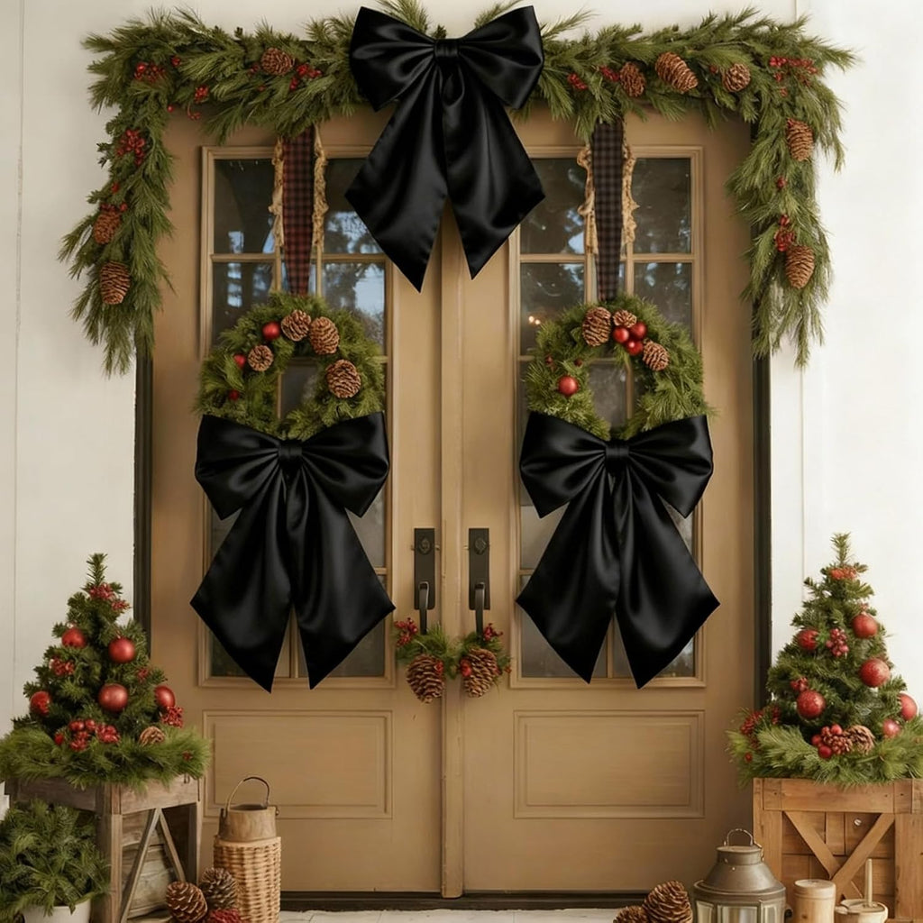Black Bows Decor | 22x11 Inch Big Black Bows for Christmas Tree Topper & Weddings (3 Pack)