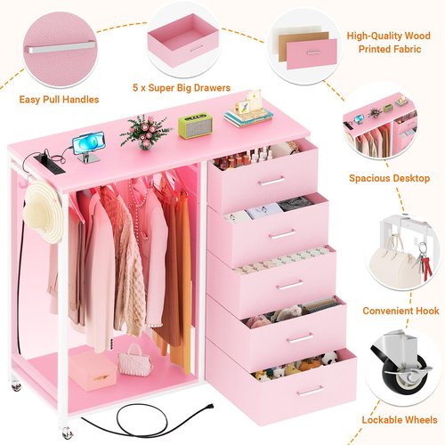 Cyclysio Dresser with Hanging Rack, 5 Fabric Drawers Dresser with Clothes Rack, Wooden Top Storage Chest of Drawers with Charging Station & LED Lights, Lockable Wheels, Closet