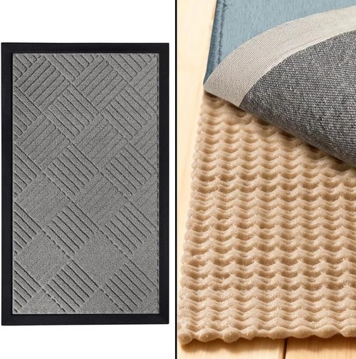 Gorilla Grip WeatherMax Door Mat - Durable 17x29 Gray Mat with Rug Gripper | 2x3 Feet Beige Bundle