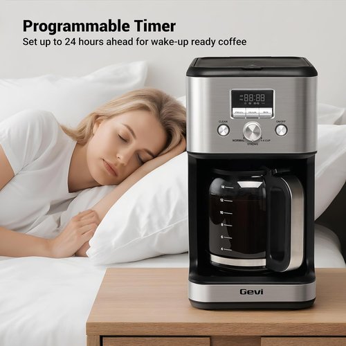 Gevi 14-Cup Programmable Coffee Maker - Drip Machine with Strong Brew & Glass Carafe | Silver Finish