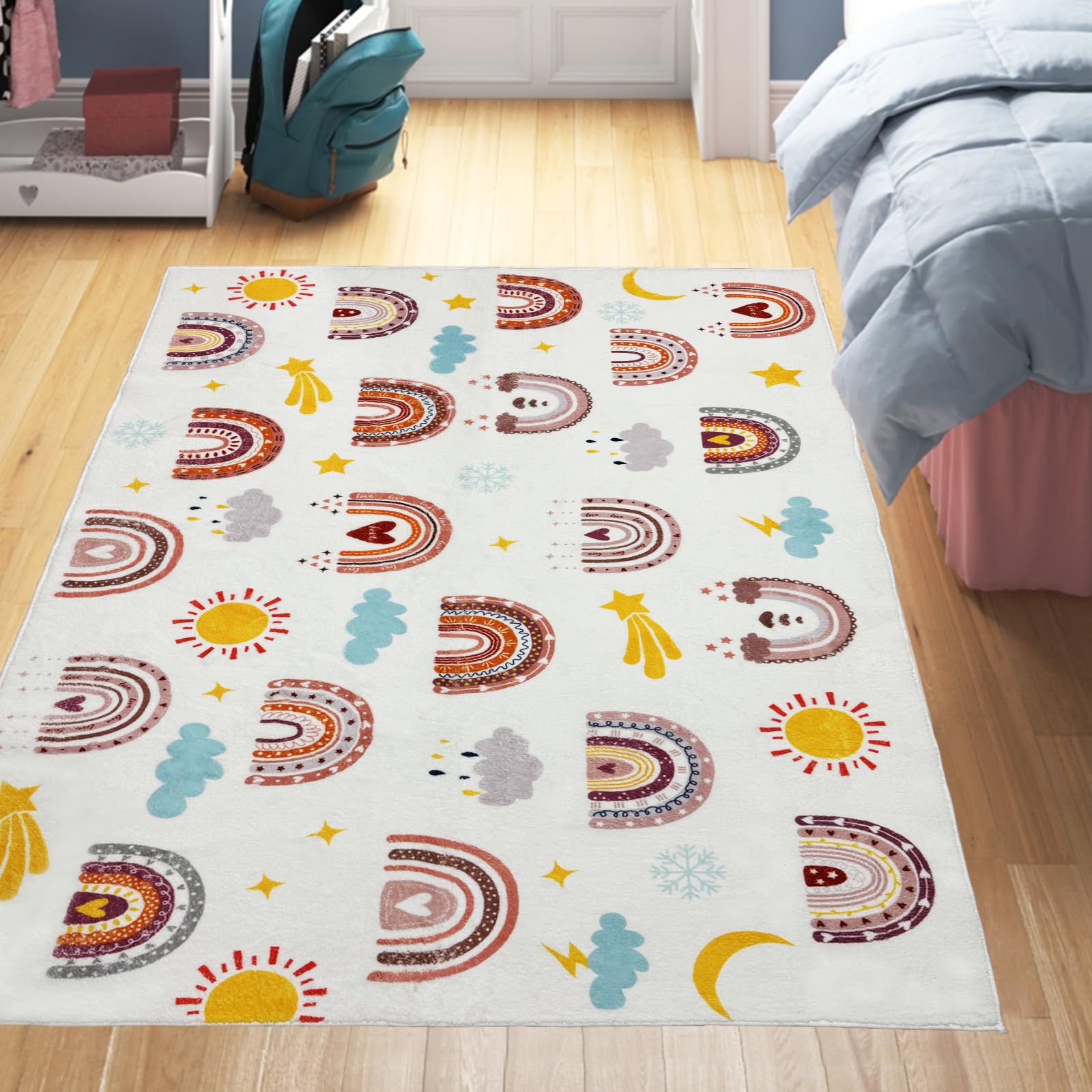 Mishareal Boho Rainbow Soft Kids Play Rug, Washable Foldable Baby Crawling Floor Mat, Non Slip Nursery Area Rug for Children Living Room Playroom Classroom Bathroom Bedroom Kids Room Decor