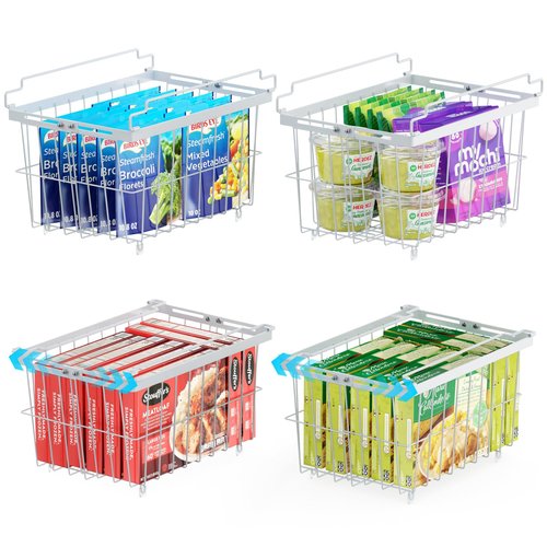 iSPECLE Freezer Organizer Bins - 4 Pack Adjustable Width for 5 to 7 Cu.Ft Chest Freezers, Stackable Wire Storage Baskets for Deep Freezer Organization, Assembly Required, White