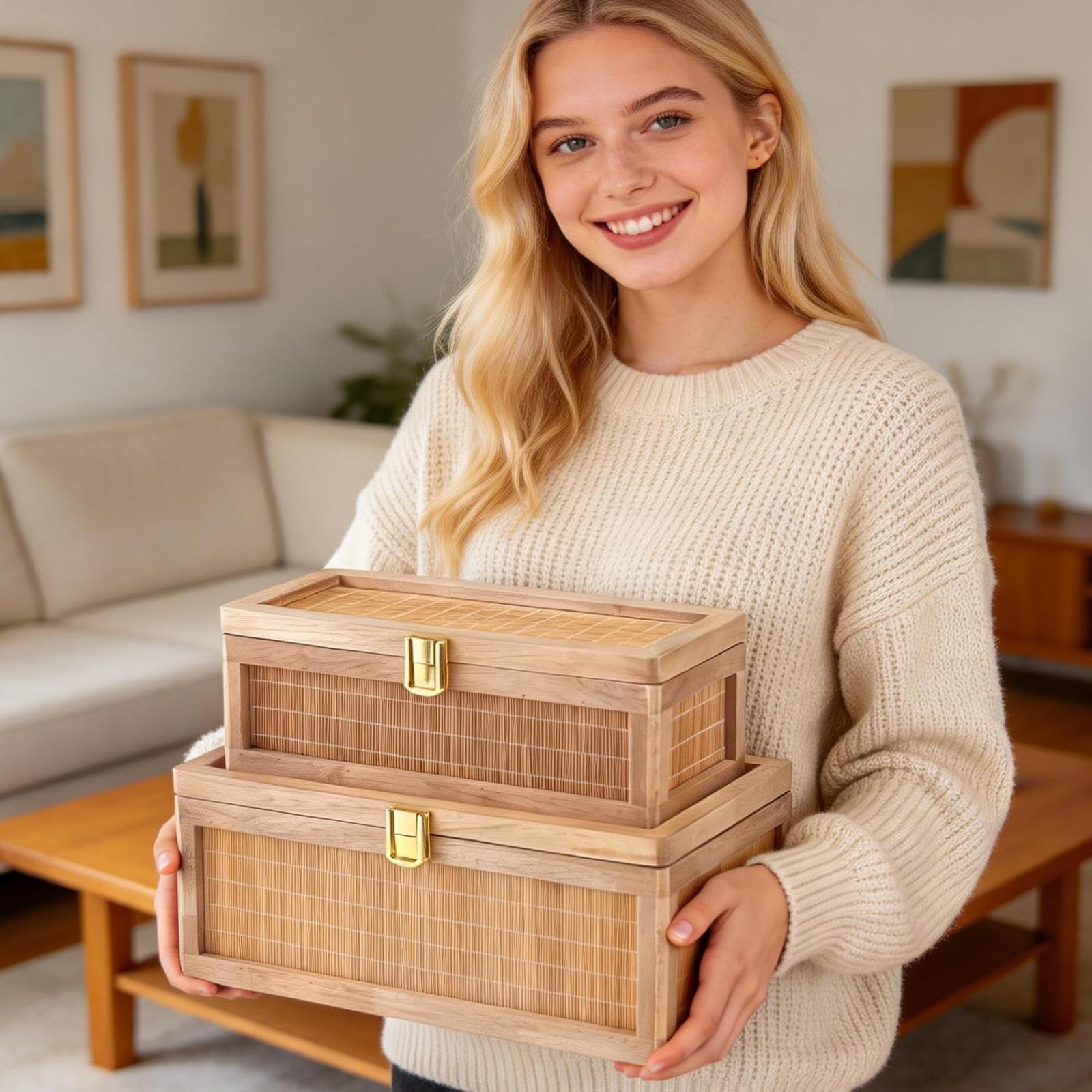 HuiDao Rattan Decorative Box, Boho Display Boxes with Lids, Set of 2 Rectangular Wicker Storage Basket, Natural Woven Cane Bins for Home Decor (Round)