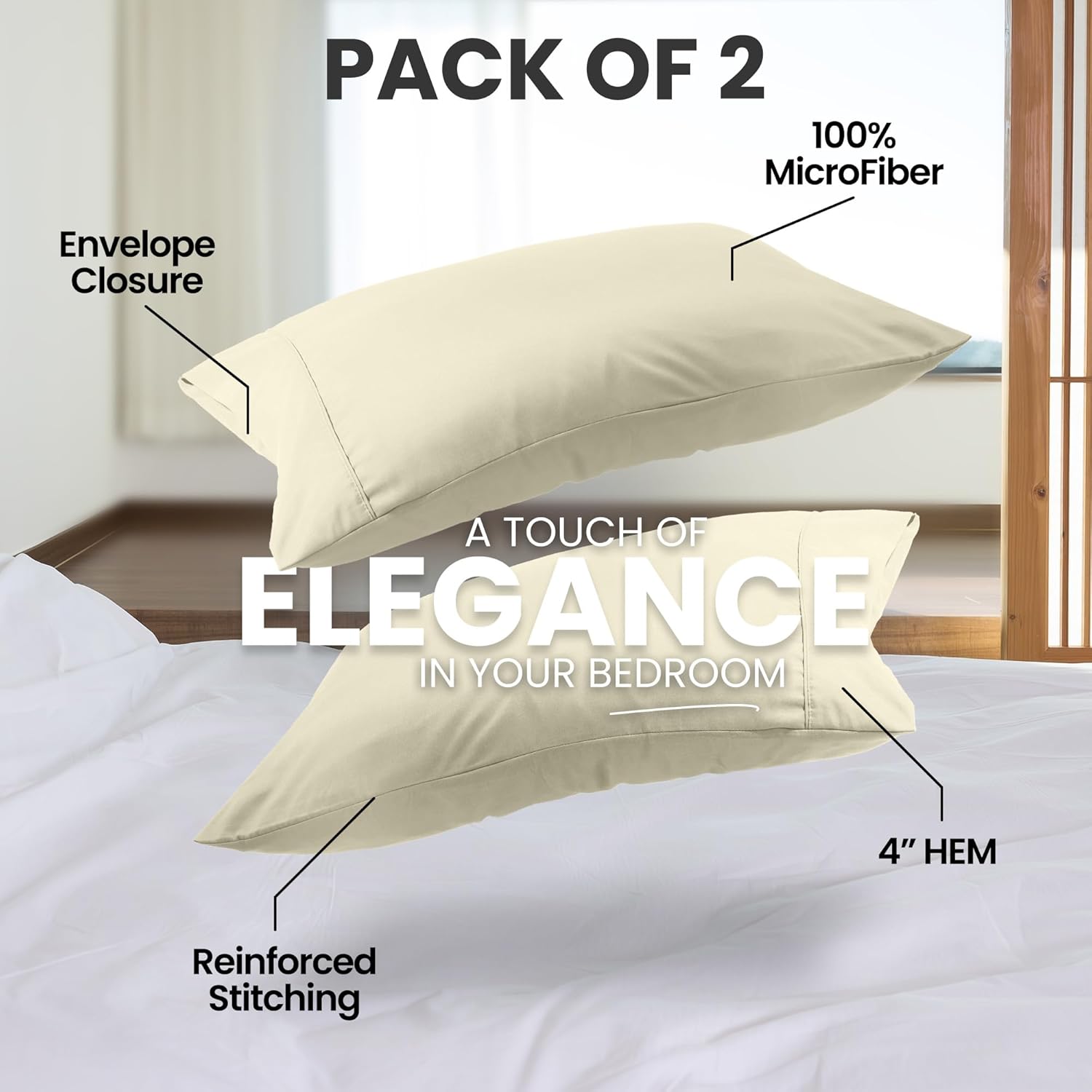 Utopia Bedding Queen Pillow Cases - Soft Brushed Microfiber - 2 Pack, Envelope Closure, Ivory 20x30 Inches