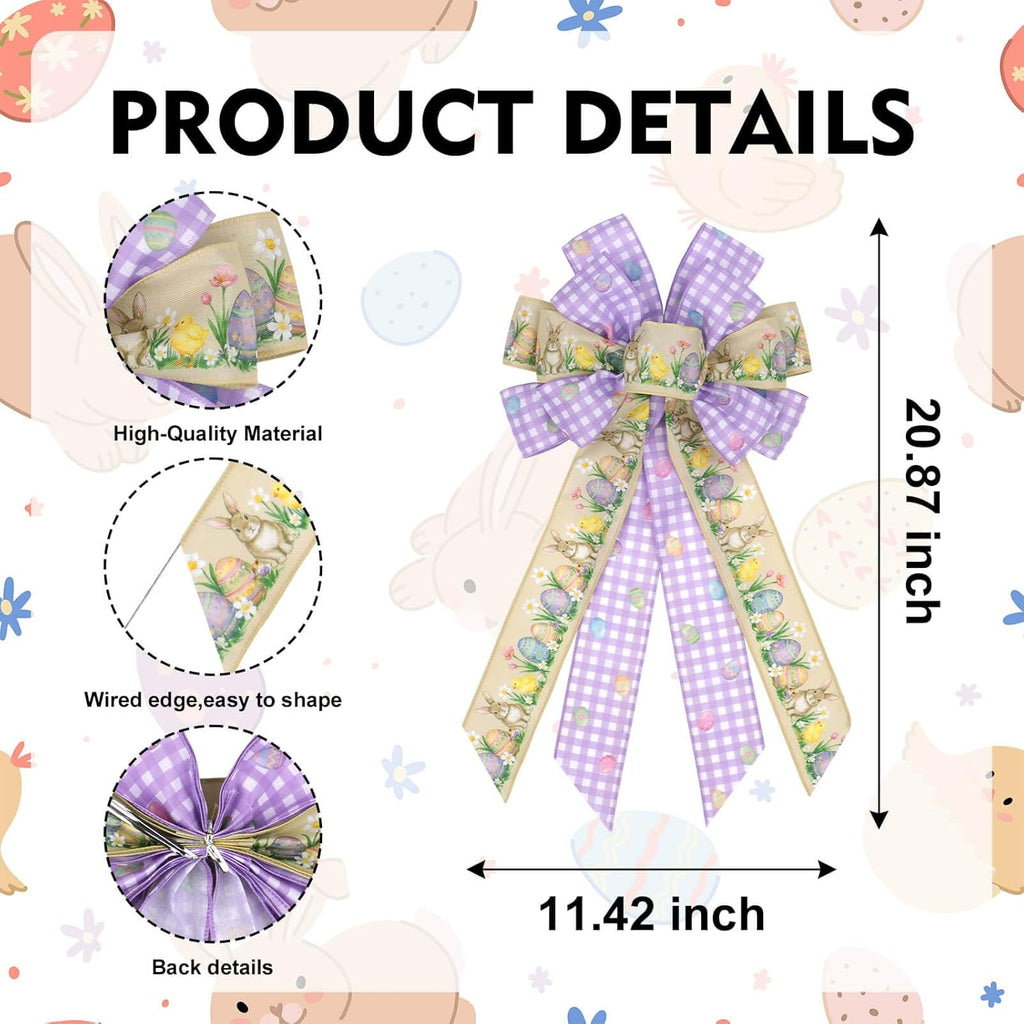 Purple Gingham Easter Bunny Wreath Bow - 21 Inch Wired Ribbon for Front Door & Spring Decor