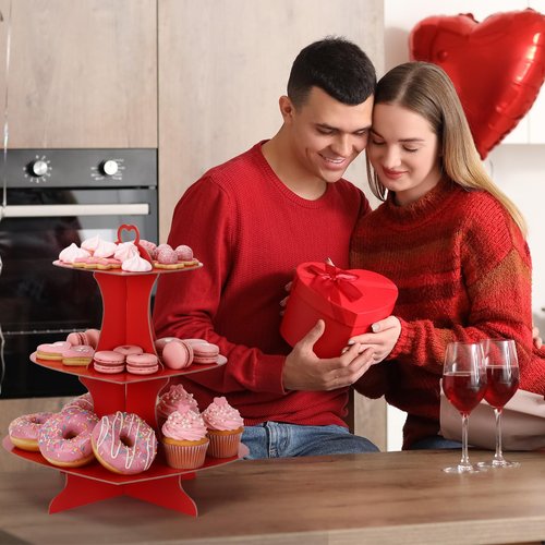 Willinglong 2 Pcs Valentine's Day Cupcake Stand 3 Tier Heart Red Cupcake Stand Cardboard Cupcakes Stands Tower Dessert Cup Tower Display Decoration for Birthday Wedding Baby Shower Party Supplies