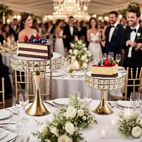 Vidisan 2 Pcs Gold 8/10 Inch Crystal Cake Stand Set Round Cake Stand with Crystal Bling Pendants Dessert Table Display Set for Wedding Event Birthday Party Dessert Table
