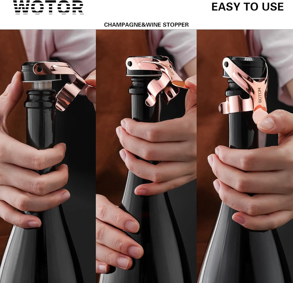 WOTOR Champagne&Wine Bottle Stoppers Stainless Steel with Food Grade Silicone, Leak Proof Keep Fresh Reusable Saver, Cork Suitable for Wine, Champagne, Cava, Prosecco and Sparkling (6 Pack Rosegold）