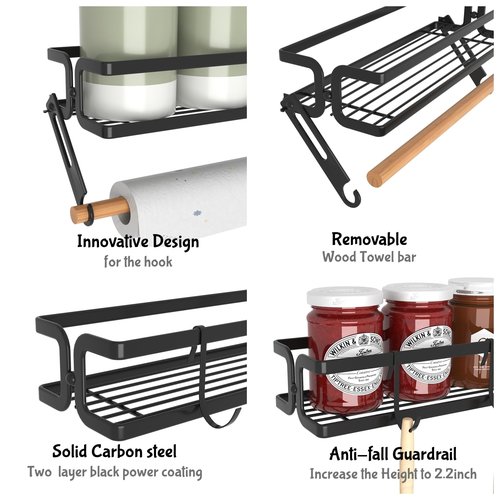 Cvesqkxr 3 Pack Spice Rack Wall Mount With Paper Towel Holder and Hooks, Screw or Adhesive Hanging Spice Shelf,Space Saving Spice Organizer for Seasonings, Spice Racks for Stove,Cabinet, Pantry Black