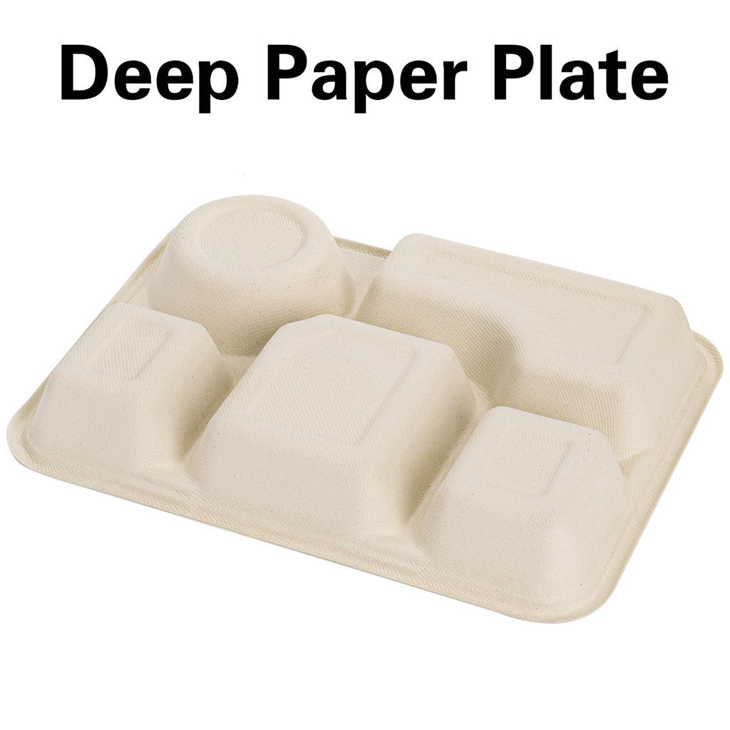 Hacaroa 50 Pack 5 Compartment Paper Plates Disposable, 11" x 8" Compostable Bagasse Plate School Lunch Trays, Biodegradable Divided Sugarcane Plates for Party, Picnic, Heavy Duty