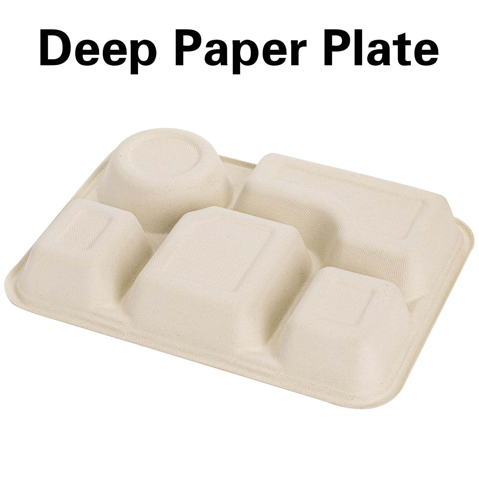 Hacaroa 50 Pack 5 Compartment Paper Plates Disposable, 11" x 8" Compostable Bagasse Plate School Lunch Trays, Biodegradable Divided Sugarcane Plates for Party, Picnic, Heavy Duty
