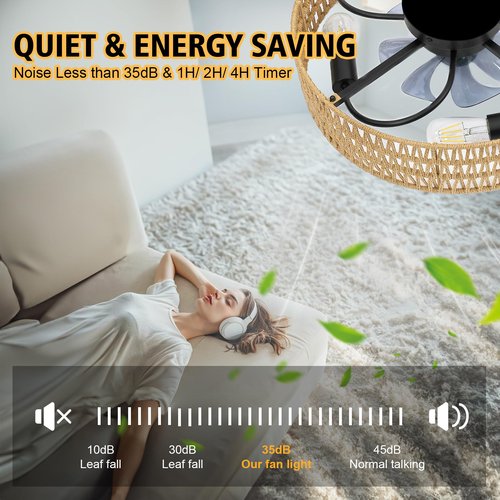 G-SAFAVA 20" Boho Ceiling Fans with Lights and Remote, 6 Wind Speeds 3 Timing Quiet Rattan Flush Mount Low Profile Ceiling Fan for Bedroom Living Room, Rustic Reversible Caged Ceiling Fan, Beige