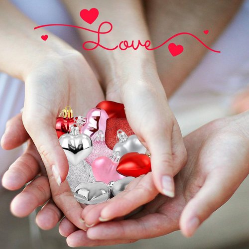36Pcs Valentine's Day Heart Hanging Ornaments for Tree Decorations, Galentines Day Decorations Heart Shaped Baubles for Home Party Wedding Decor (Rose Red,Pink,Silver,Glitter