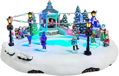 Moments In Time Animated Skating Pond - 7.28” LED Christmas Village Display with Moving Skaters, Lights & Music